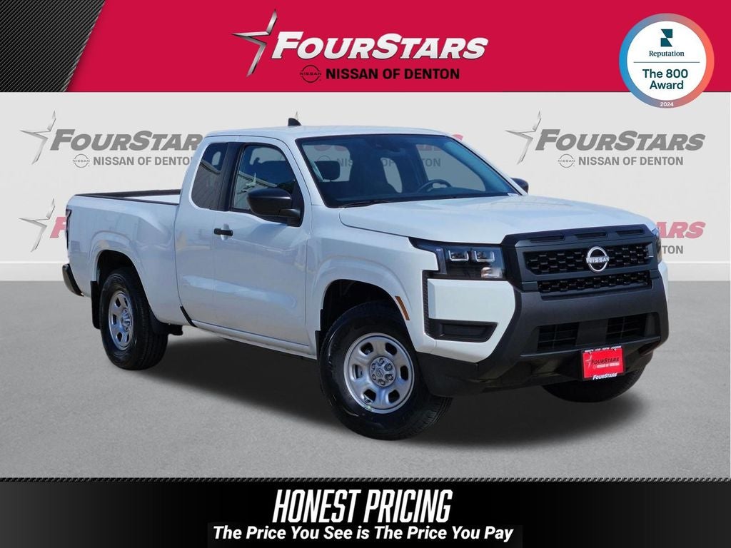 2026 Nissan Frontier S in Glacier White — front three-quarter view