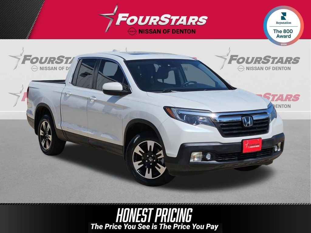 2020 Honda Ridgeline RTL in Platinum White Pearl — front three-quarter view