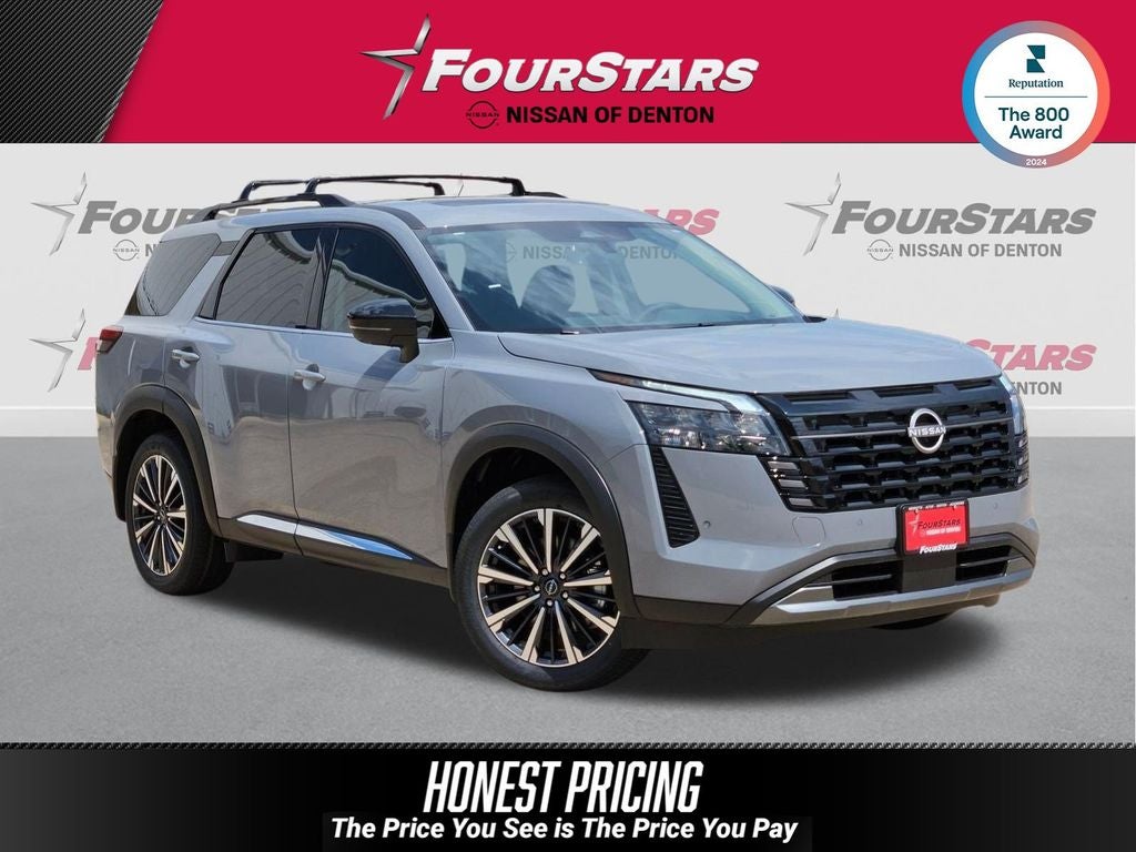 2026 Nissan Pathfinder Platinum in Boulder Gray Pearl — front three-quarter view