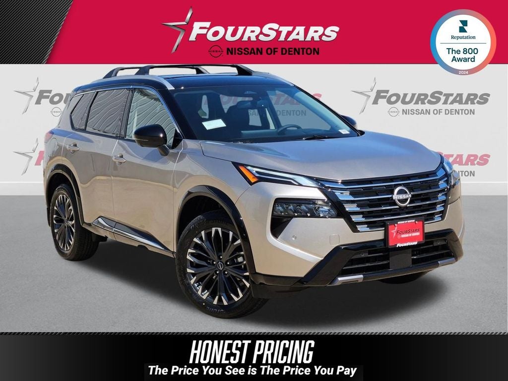 2026 Nissan Rogue Platinum in Champagne Silver Metallic — front three-quarter view