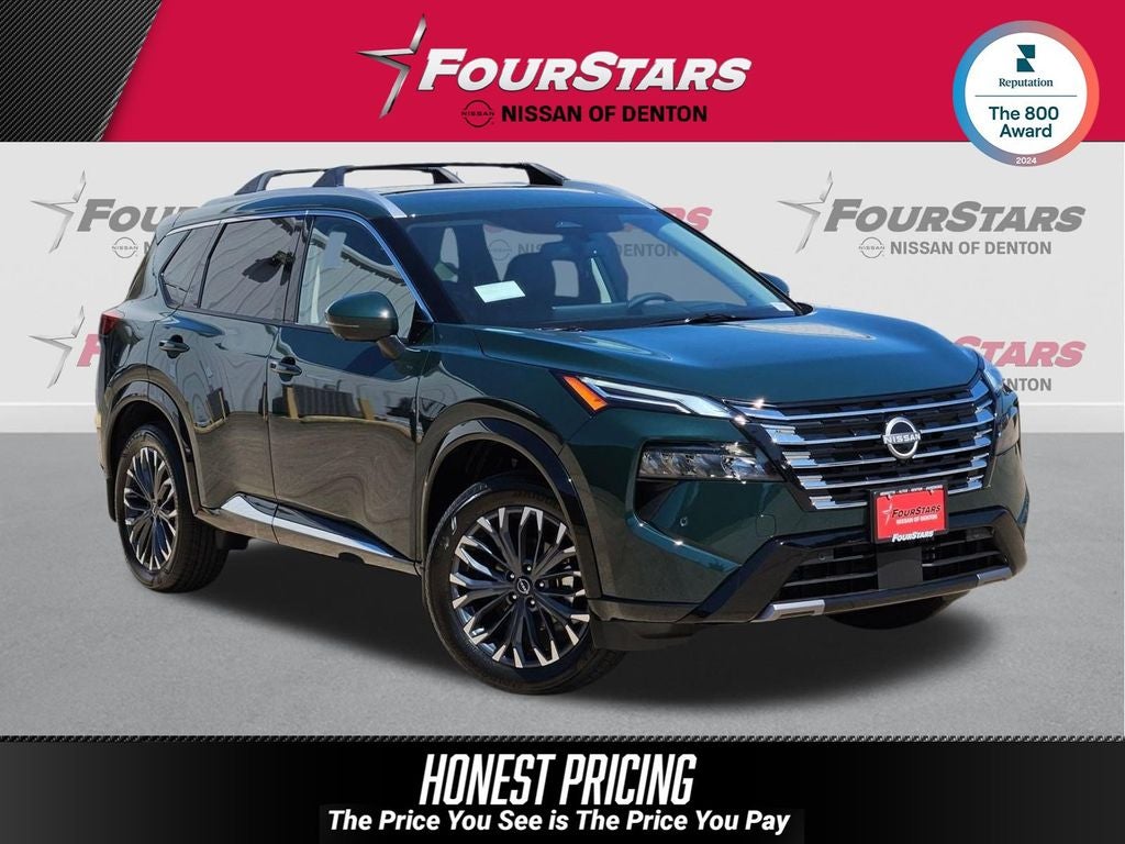 2026 Nissan Rogue Platinum in Obsidian Green — front three-quarter view